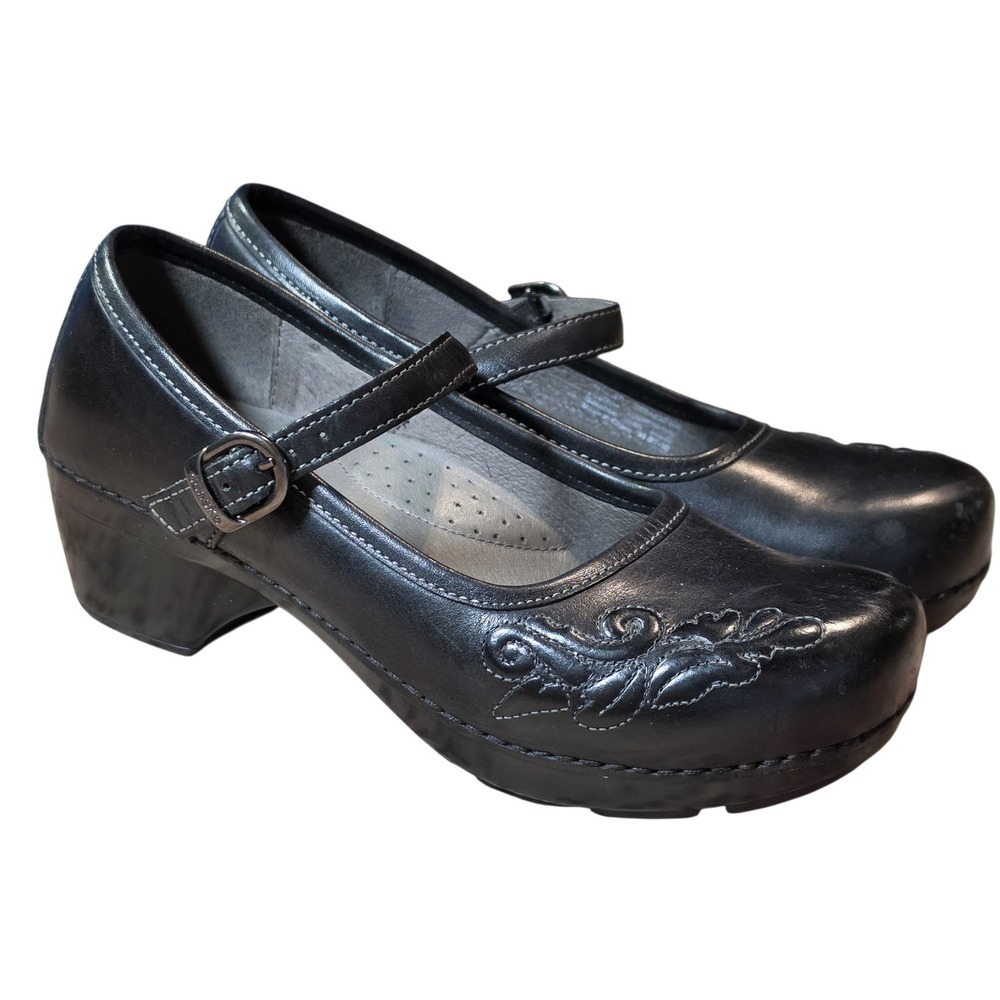 Dansko Women 40 Mary Jane Clogs Black Leather Floral Embroidered Block Heel 2010
